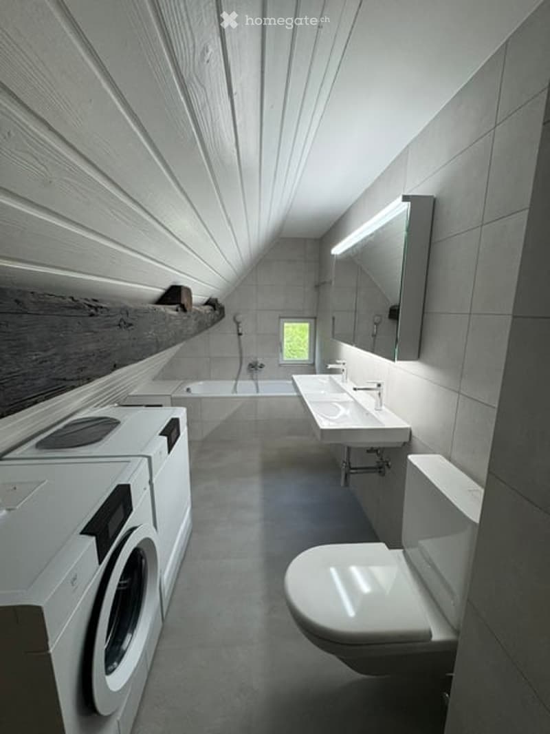 Modern bathroom with a sleek, minimalist design. Features include a toilet, sink, bathtub, washing machine, and a large mirror with built-in lighting. The space has a clean, contemporary aesthetic with neutral tones and wooden accents.