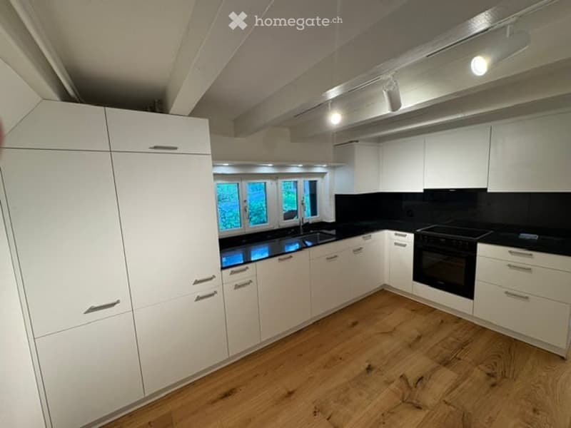 Modern kitchen with white cabinets, black countertops, wooden flooring, and stainless steel appliances.