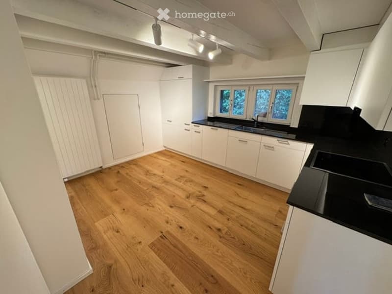 Modern kitchen with white cabinets, black countertops, and wooden flooring. Features a sink with a window above it.