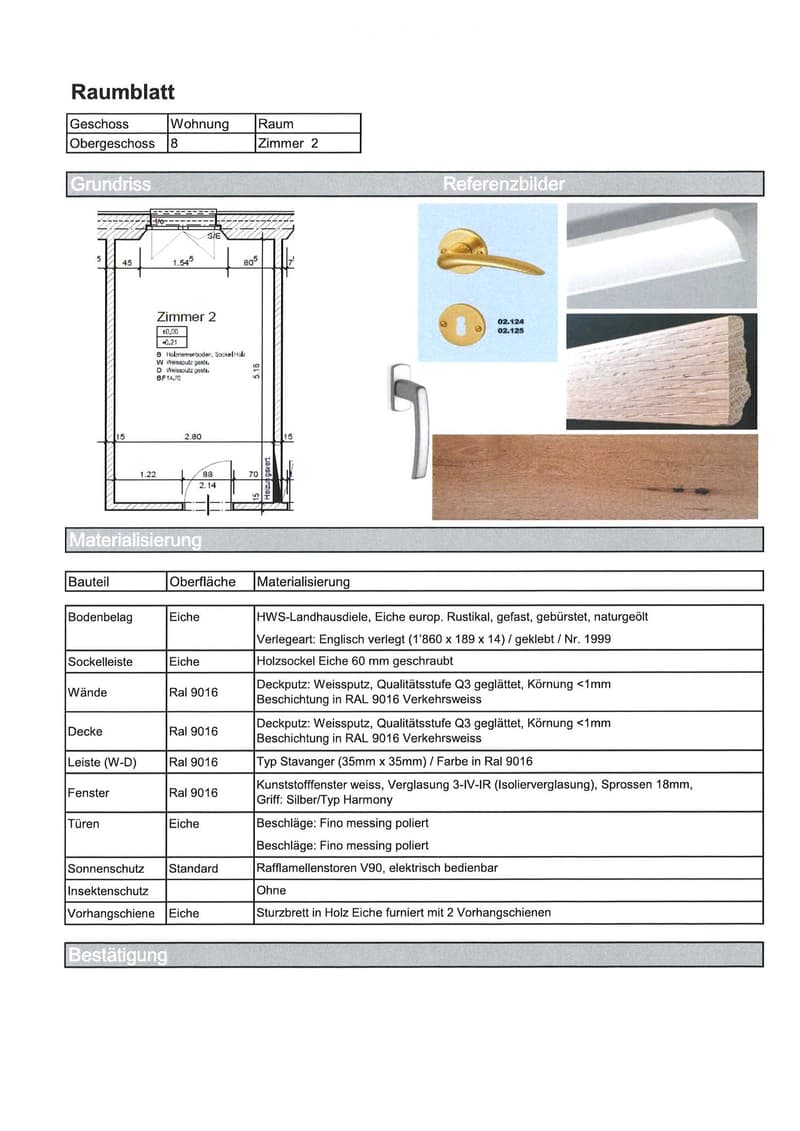 Floor plan of room 2 on the upper floor, showing dimensions, materials, and finishes for flooring, walls, ceiling, windows, doors, and other elements.
