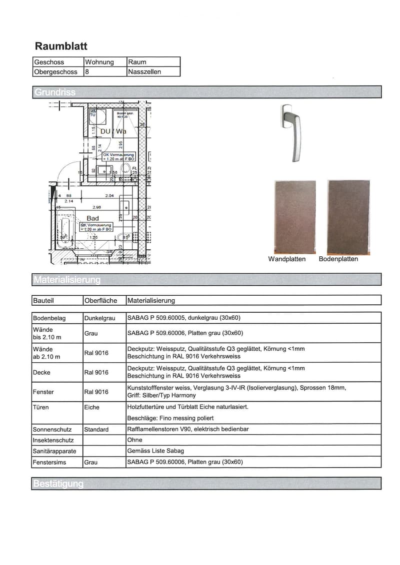 Floor plan of a bathroom area with labeled dimensions, materials, and specifications for walls, floors, windows, doors, and fixtures.