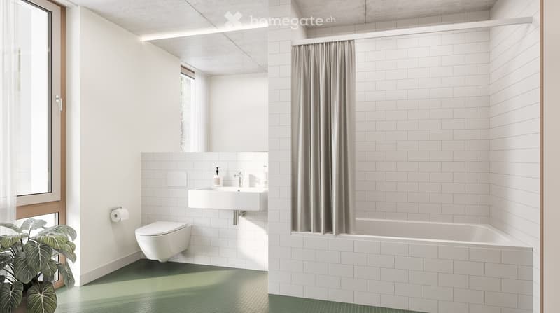Modern bathroom with white tiles, a sink, toilet, bathtub, and a large window. Green flooring and a leafy plant add a touch of nature.