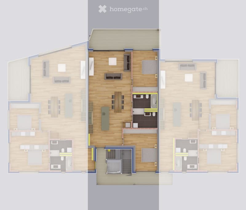 Living room, dining room, kitchen, 2 bedrooms, 2 bathrooms, stairs, balcony