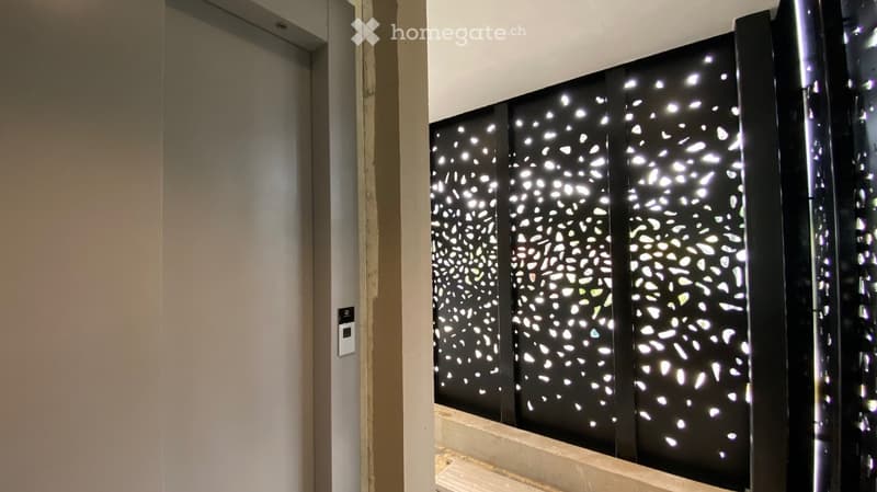 Hallway with decorative black panels featuring a white abstract pattern, light fixture, and a door with a panel.