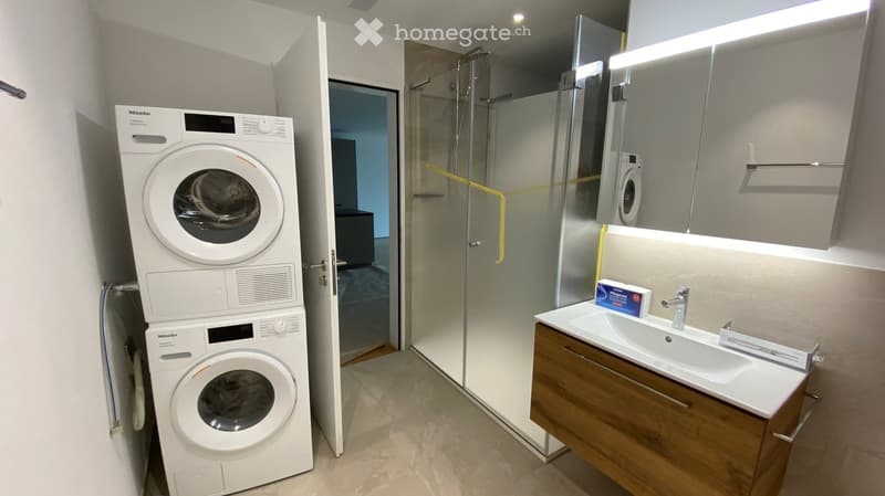Modern bathroom with a sink, mirror, wooden cabinet, glass shower enclosure, and stacked washing machines.