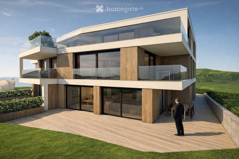 modern design, multiple levels, large glass windows, wooden and white materials, outdoor terrace, green surroundings