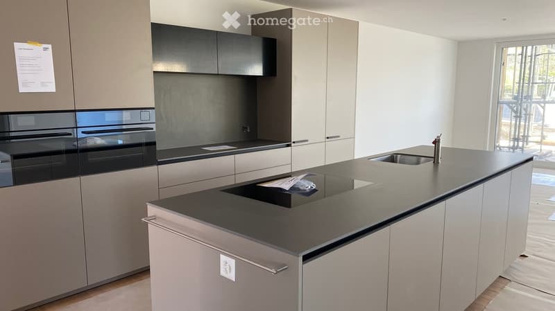 Modern kitchen with light grey cabinets, black countertop, built-in oven, and a central island with a sink.