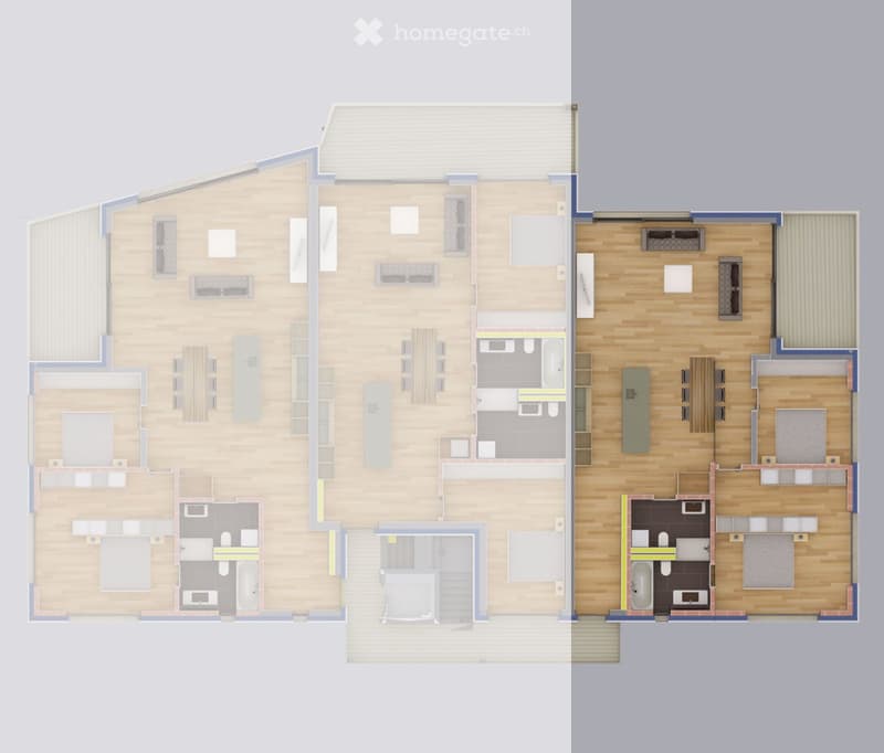 Floor plan of a multi-level house with multiple bedrooms, bathrooms, living areas, and a kitchen.