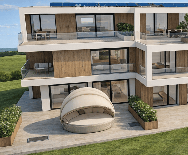Modern two-story house with large glass windows, balconies, and a spacious outdoor seating area with a lounge bed and surrounding greenery.