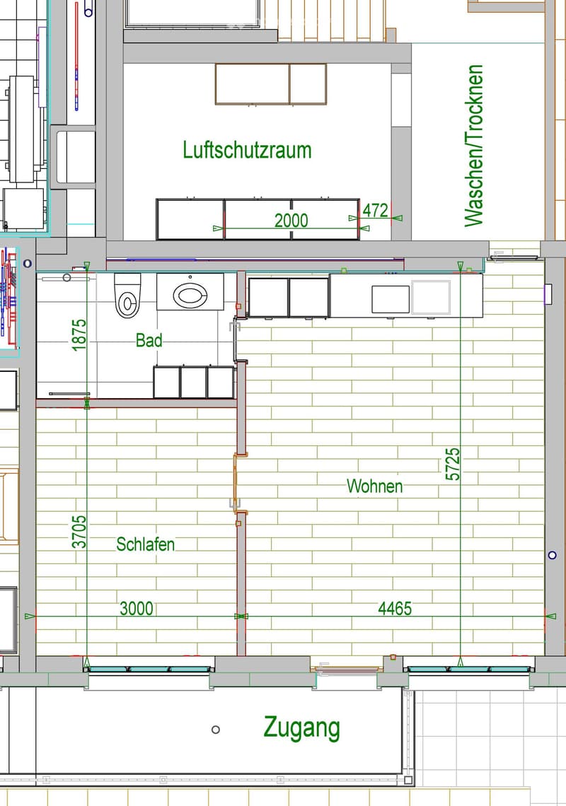 Floor plan showing a layout with labeled rooms: Luftschutzraum (air-raid shelter), Bad (bathroom), Wohnen (living area), Schlafen (bedroom), Zugang (access), Waschen/Trockner (laundry/dryer area).