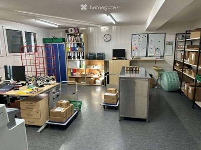 Office space with desks, chairs, computer monitors, shelves, storage boxes, and a clock on the wall.