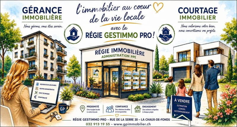 Promotional image for a real estate company featuring a modern office building, residential apartments, and a family walking towards a "For Sale" sign. The office has large windows, potted plants, and a laptop on a desk with keys and a coffee mug.