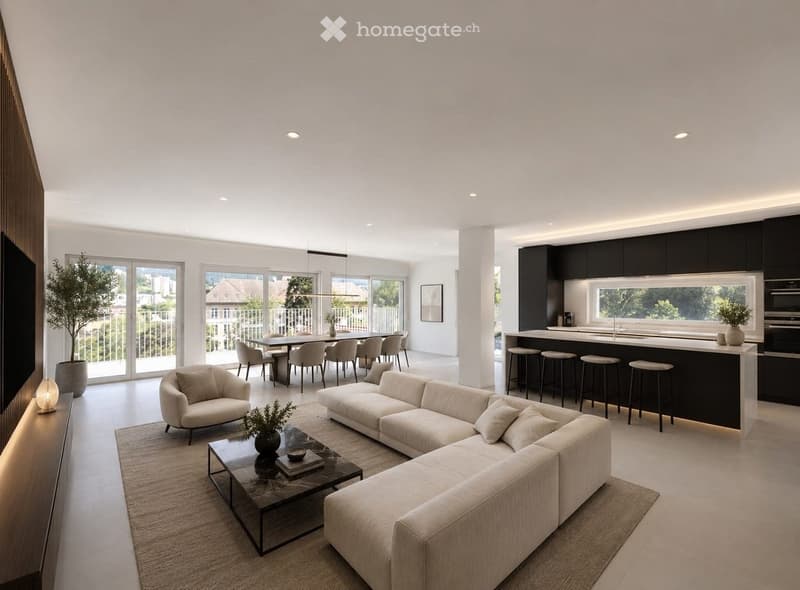 Open-concept living and dining area with a modern sofa, coffee table, dining table, and kitchen island. Large windows offer a view of the outdoor space.