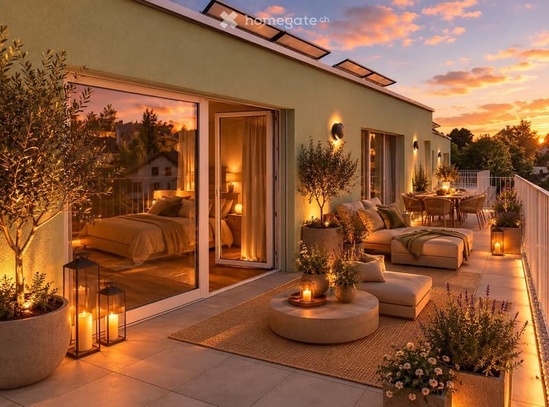 Rooftop terrace with modern furniture, including a sofa, coffee table, dining area, and potted plants, overlooking a cityscape at sunset.