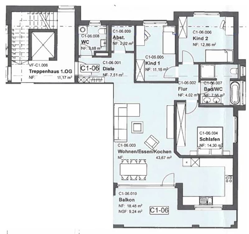 Floor plan of a 2-story house with living room, kitchen, 2 bedrooms, 2 bathrooms, balcony, and staircase.