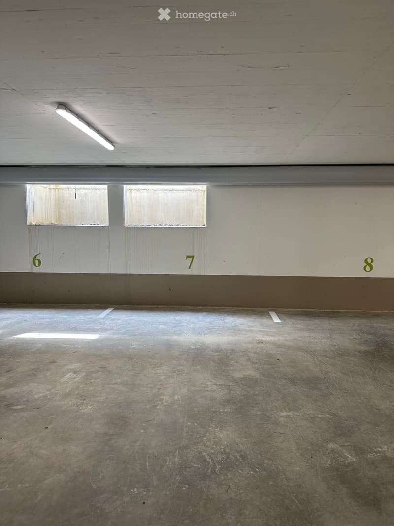 Empty room with concrete floor, white walls, and numbered sections marked6, 7, and 8. Minimal lighting from a single ceiling fixture.