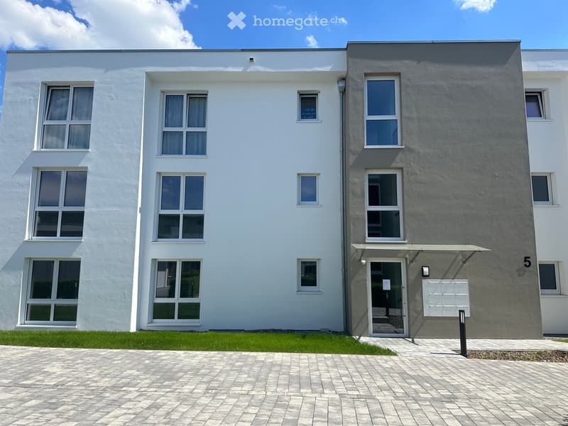 Modern two-story house with white and grey exterior, multiple windows, and a paved entrance area.