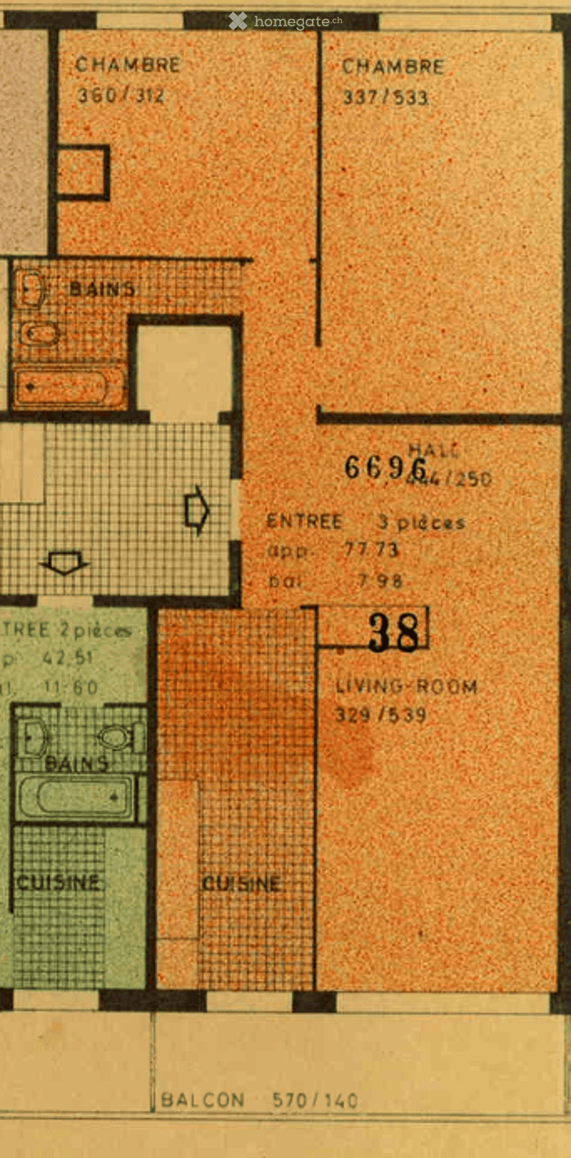 Floor plan showing two bedrooms, two bathrooms, living room, two kitchens, hallway, entrance, and balcony.