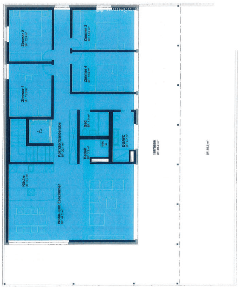 Floor plan of a multi-room apartment with labeled rooms including bedrooms, living room, kitchen, bathroom, and entrance area.