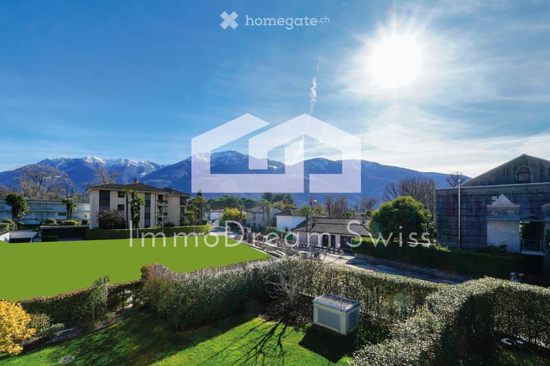 A well-maintained garden with green lawns, trimmed hedges, and a small air conditioning unit, set against a backdrop of snow-capped mountains and modern buildings.