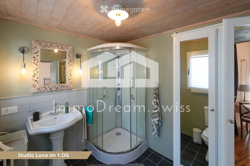 Bathroom with a white sink, decorative mirror, glass-enclosed shower, and a separate toilet area with a window. Features include wooden ceiling, tiled walls, and modern fixtures.