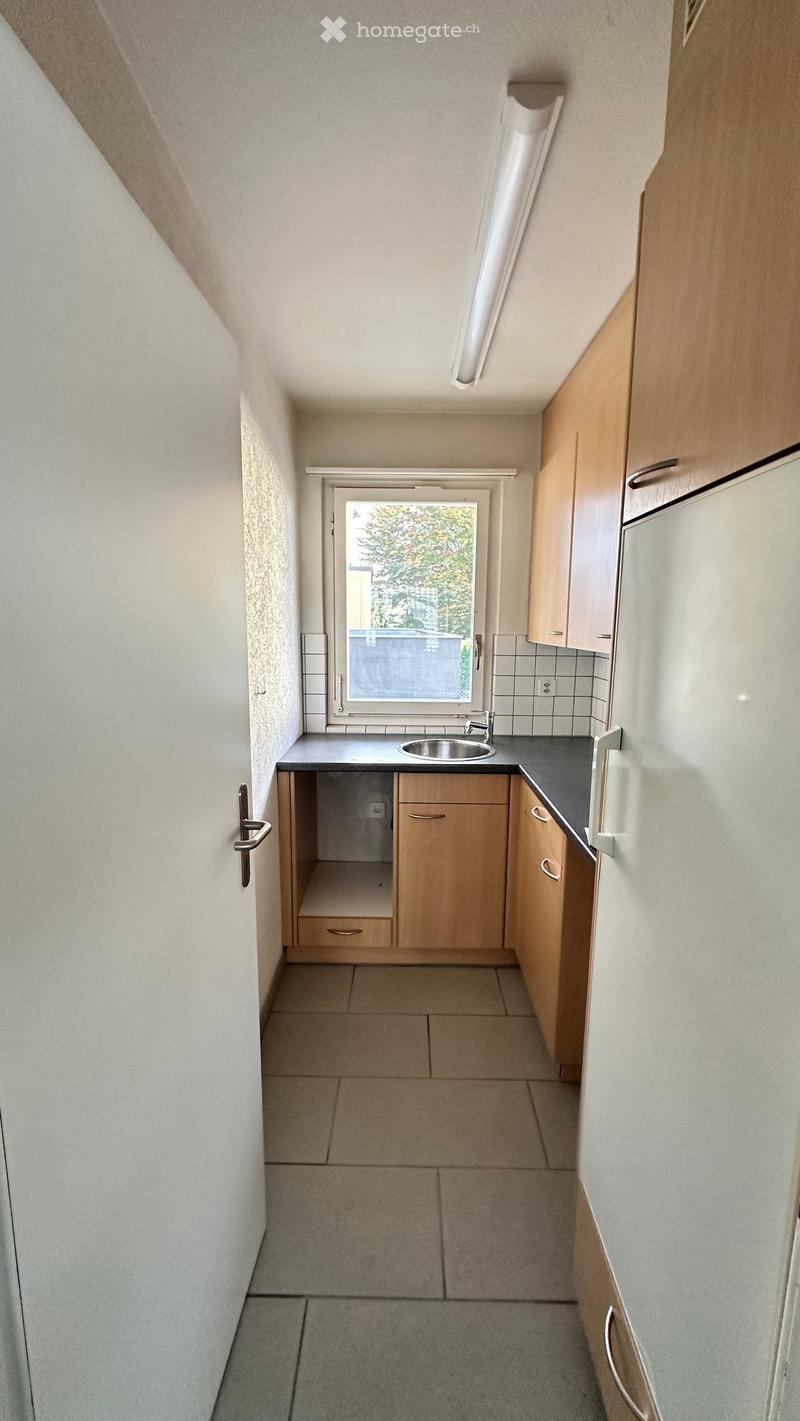 Compact kitchen with light wooden cabinets, a sink, and a window overlooking a green area.