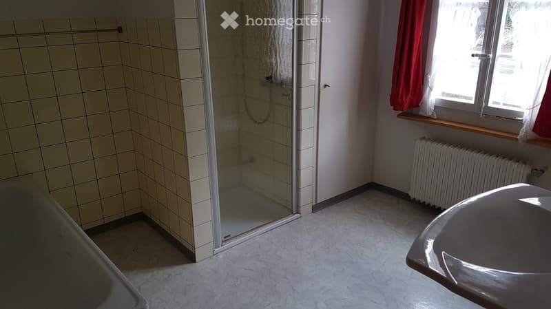 Bathroom with tiled walls, a glass-enclosed shower, a sink, a radiator, and a window with red curtains.