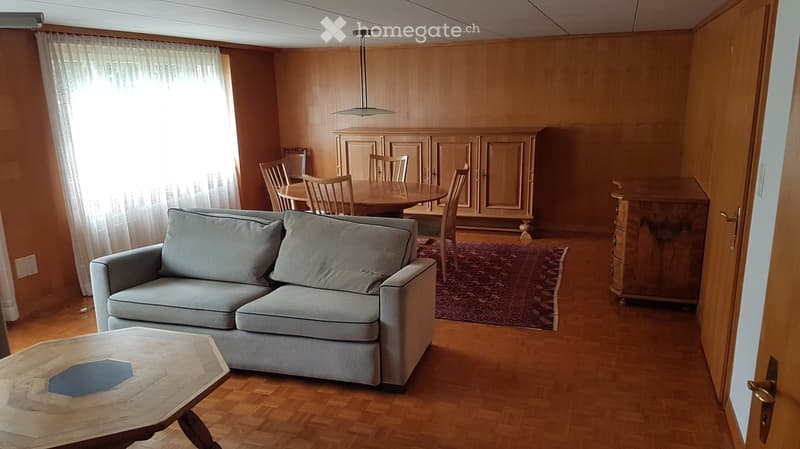 Living room with a grey sofa, coffee table, dining area with a round table and chairs, and wooden cabinets.