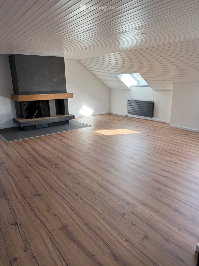 Empty room with wooden flooring, white walls, and a modern fireplace with a dark stone surround and wooden mantel. A skylight provides natural light.