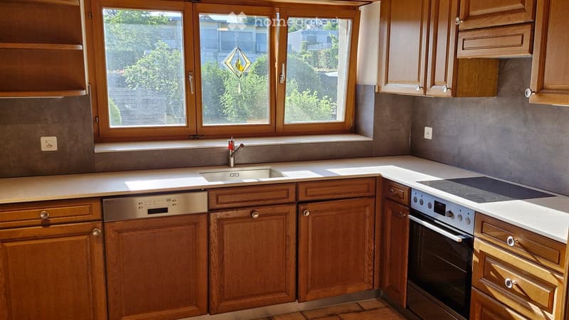 Modern kitchen with wooden cabinets, stainless steel appliances, and a large window overlooking greenery.