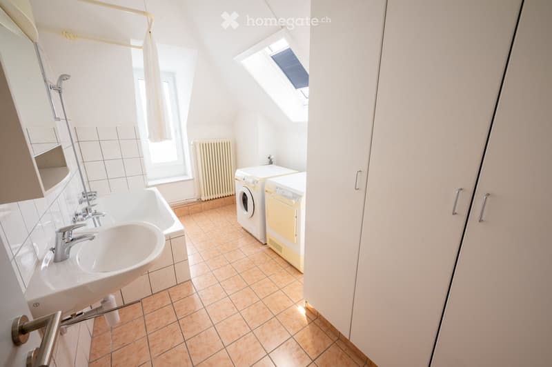 Bright bathroom with a sink, bathtub, shower, radiator, and a private washing machine and dryer unit. The room features tiled flooring and a skylight window.