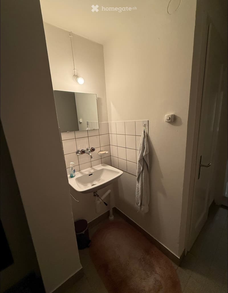 Small bathroom with a white sink, mirror, towel, and light fixture above the sink.