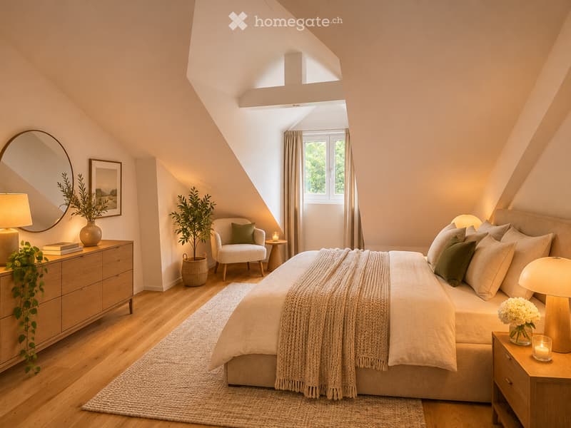 Cozy attic bedroom with slanted ceilings, large window, bed with pillows and blanket, nightstand with lamp, armchair, small table, mirror, and decorative plants.