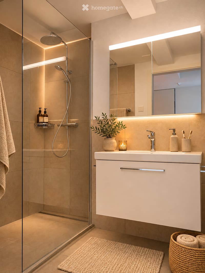 Modern bathroom with a white sink, built-in cabinet, large mirror with LED lighting, glass-enclosed shower, and decorative elements including a plant and candle.