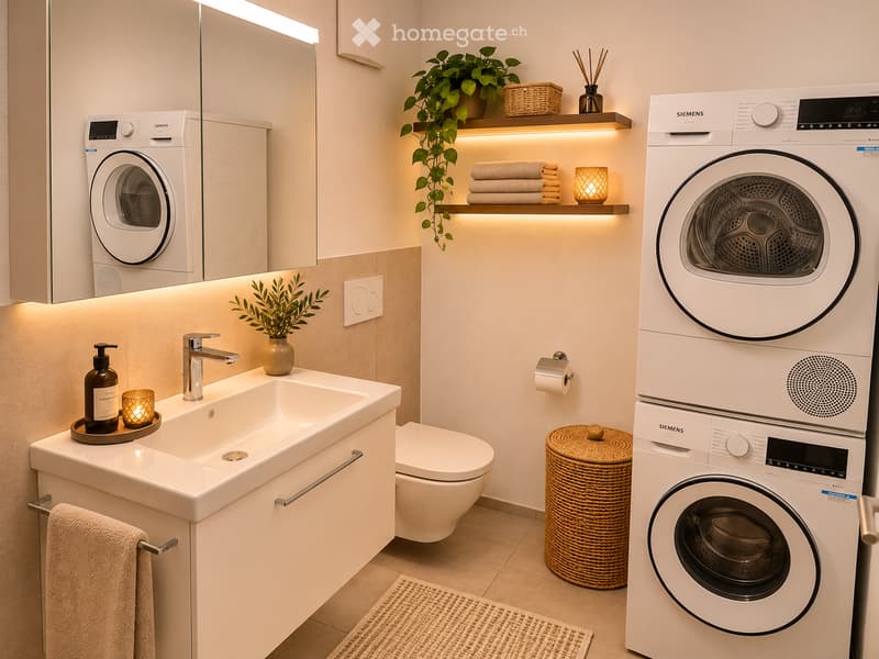 Modern bathroom with a white sink, faucet, toilet, and stacked Siemens washing machine and dryer. Shelves hold towels, plants, and decorative items.