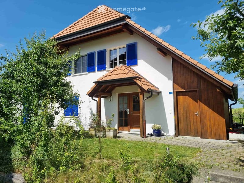 Two-story house with white walls, blue shutters, tiled roof, and a wooden garage. The entrance features a covered porch with a wooden door and glass panels. The front yard has a well-maintained lawn and a small garden area with potted plants.