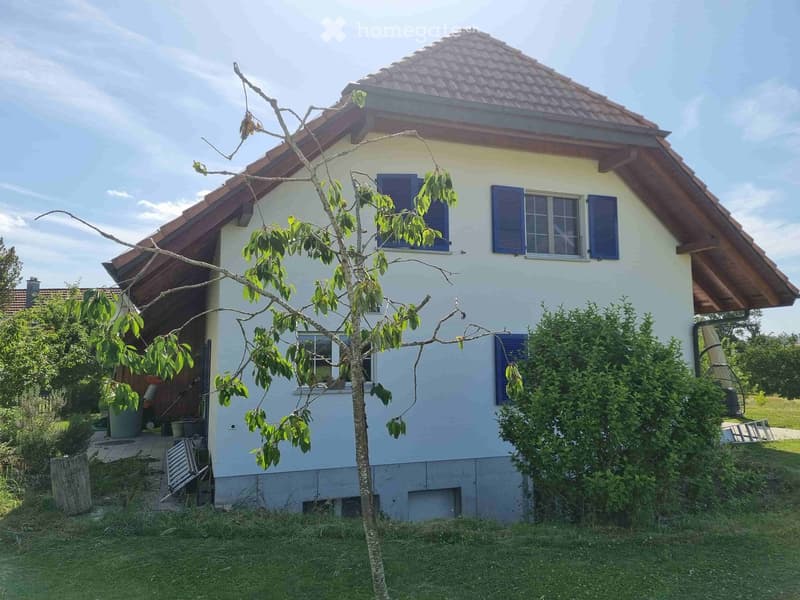Single-story house with light yellow walls, blue shutters, and a red-tiled roof. The house is surrounded by a small garden with a tree, shrubs, and a bench near the entrance.