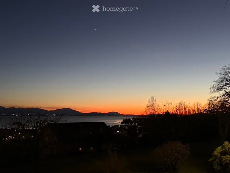 View of a sunset over a body of water with distant mountains and silhouettes of trees and buildings.