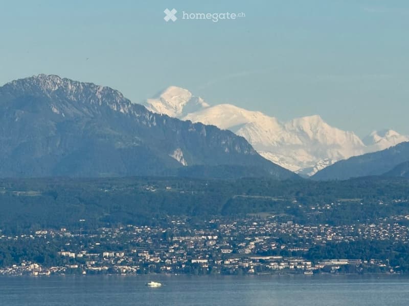 Panoramic view of a city with snow-capped mountains in the background, a body of water in the foreground, and scattered buildings and trees in the midground.