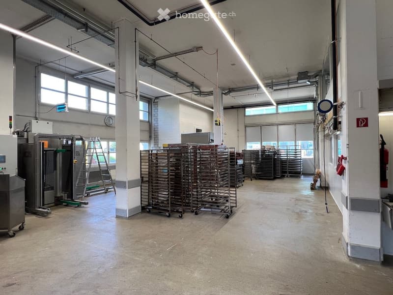 An empty room with concrete floor, large windows, multiple racks, various machines and equipment, 2 ladders, and a clock mounted on the wall.