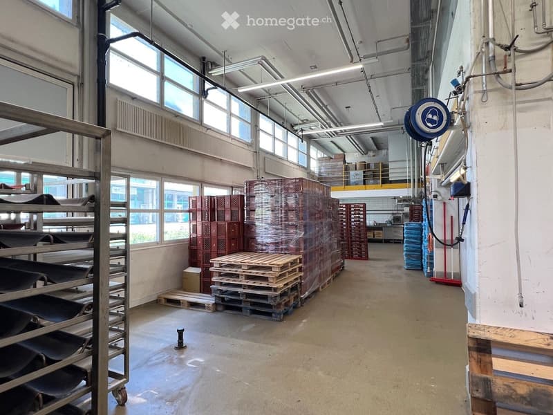 large room with industrial shelving, stacked wooden pallets, red crates, metal beams, white ceiling, several windows, industrial lighting