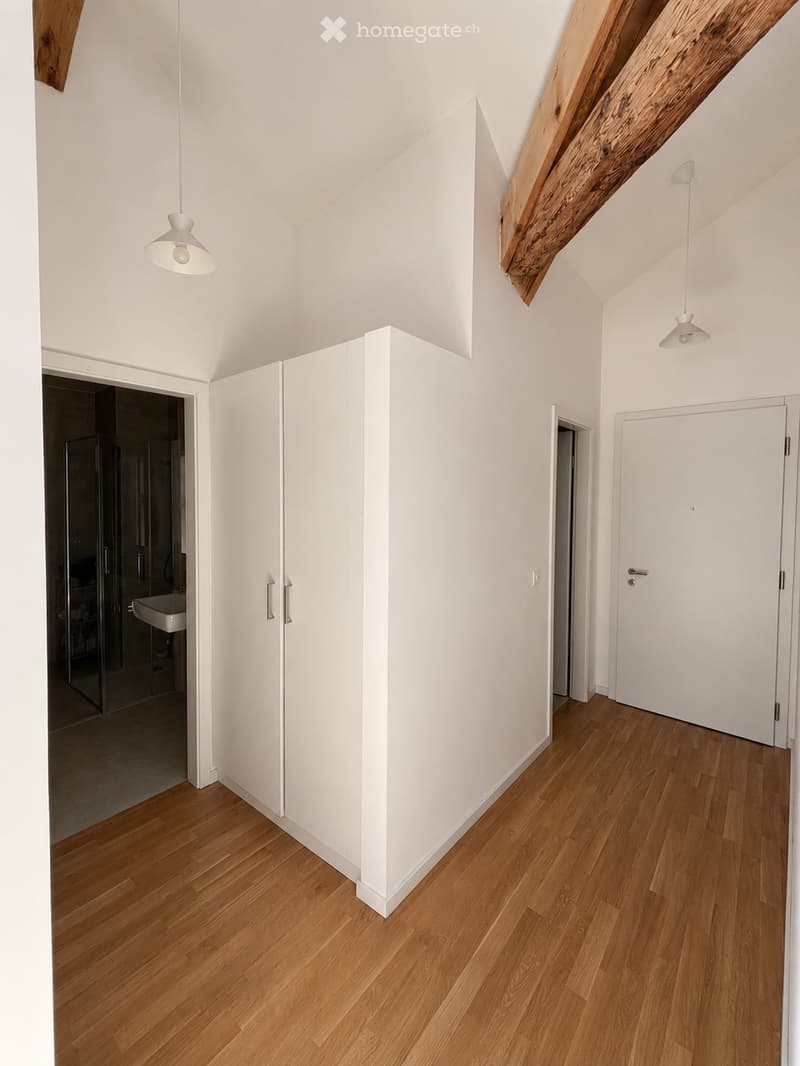 Bright, minimalist hallway with wooden flooring, white walls, exposed wooden beams, and pendant lights. Features built-in white cabinetry and doors leading to other rooms.