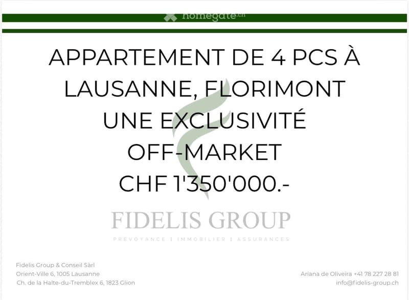 Advertisement for a 4-room apartment in Lausanne, Florimont, priced at CHF 1'350'000, exclusive off-market listing by Fidelis Group.