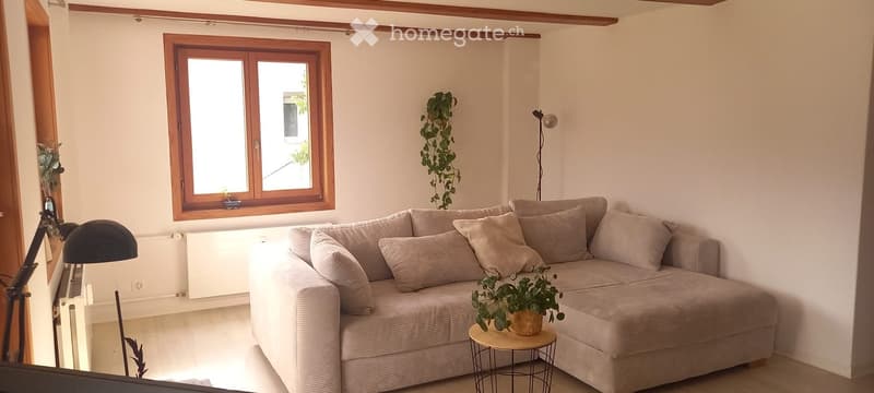 Modern living room with a large sectional sofa, side table, floor lamp, and potted plants. The room features large windows with wooden frames and neutral-colored walls.