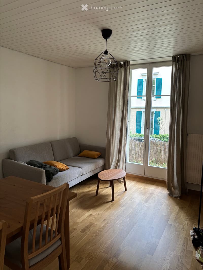 A modern living room with wooden flooring, a grey sofa with cushions, a small wooden coffee table, a dining table with chairs, and a pendant light fixture.