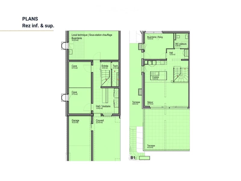 Floor plan showing ground and upper level layouts, including living room, kitchen, bedrooms, bathrooms, garage, and terraces.