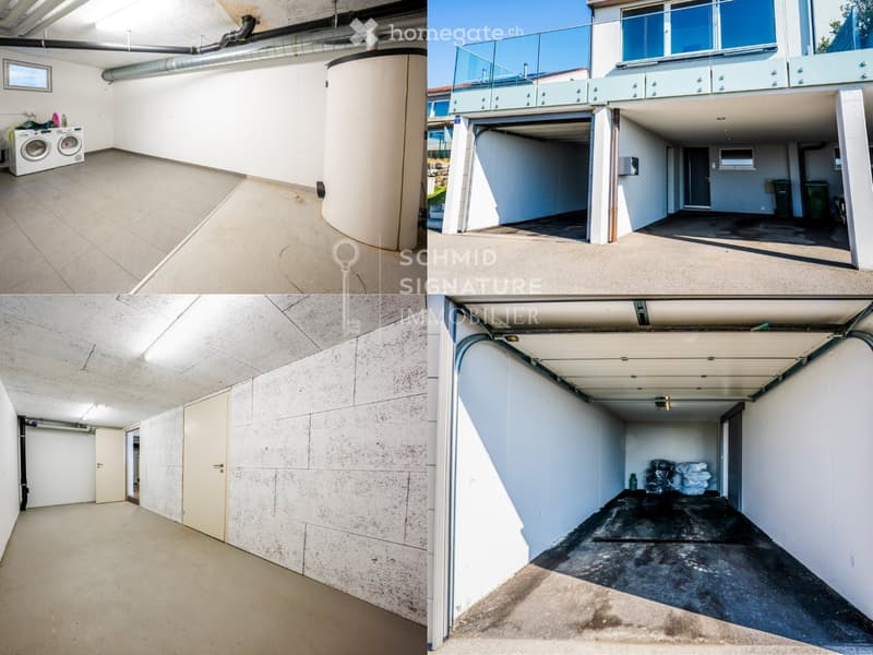 Four images showing a modern residential building with a spacious garage, a utility room with washing machines, and a clean, well-lit interior space with concrete floors and white walls.