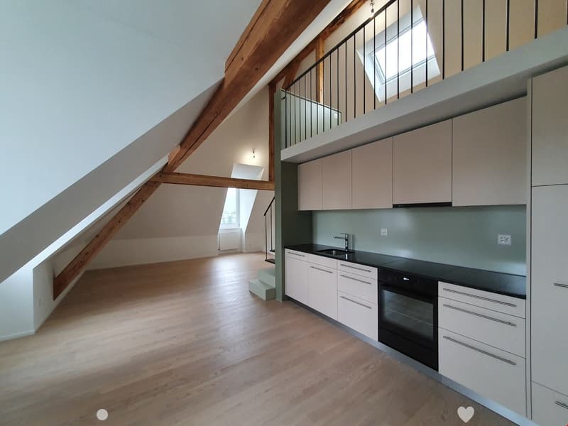 Modern kitchen with light-colored cabinets, black countertops, and a sleek oven. The space features wooden flooring and ample natural light from skylights and windows.