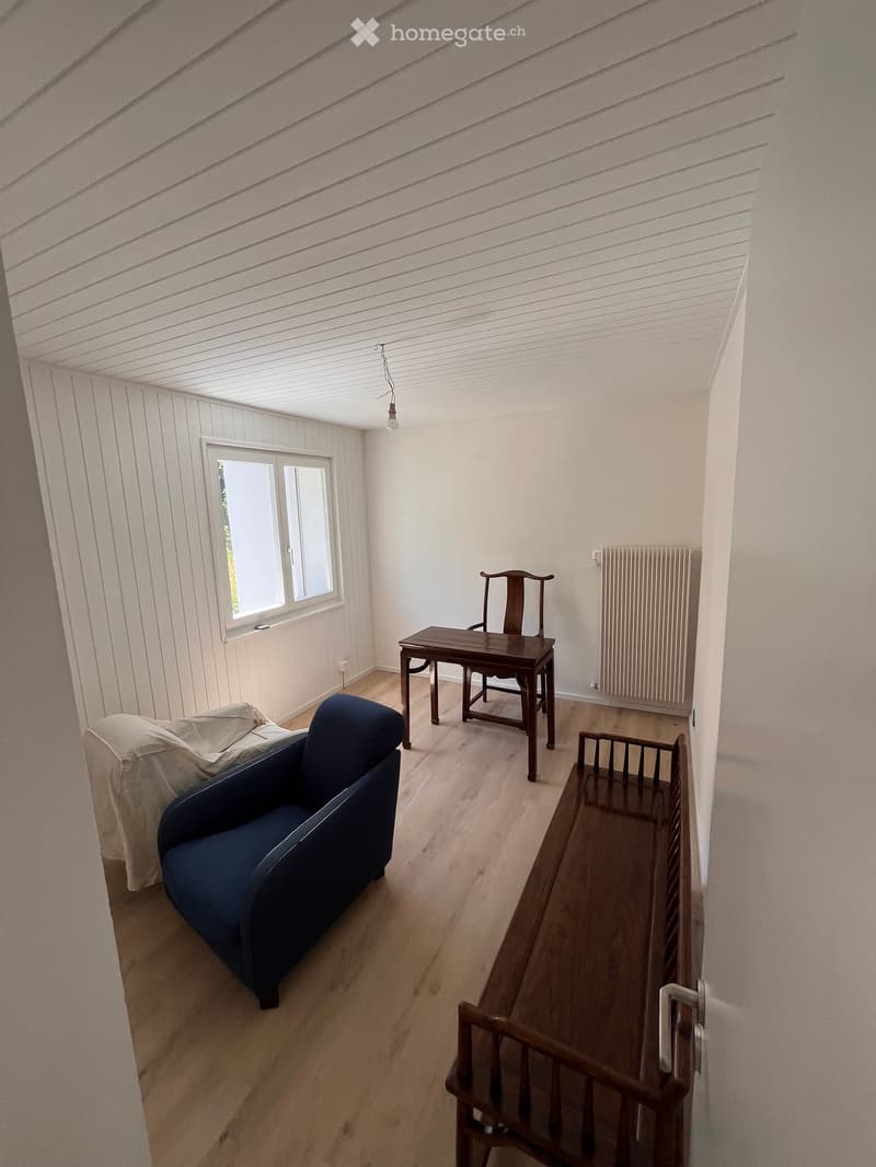 A cozy living room with wooden flooring, white paneled walls, and a skylight. Features include a blue sofa, a wooden chair, a small wooden table, and a radiator.