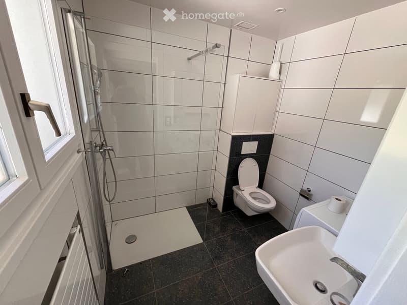 Modern bathroom with white tiles, a toilet, a sink, a shower, and a cabinet. The floor is dark tiled, and there is a window on the left side.